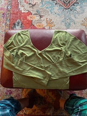 LULU’S Olive Green Long Sleeve V-Neck Top, 17” P2P
